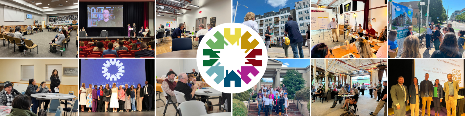 Colorful housing plan logo surrounded by a montage of people involved in the plan's creation