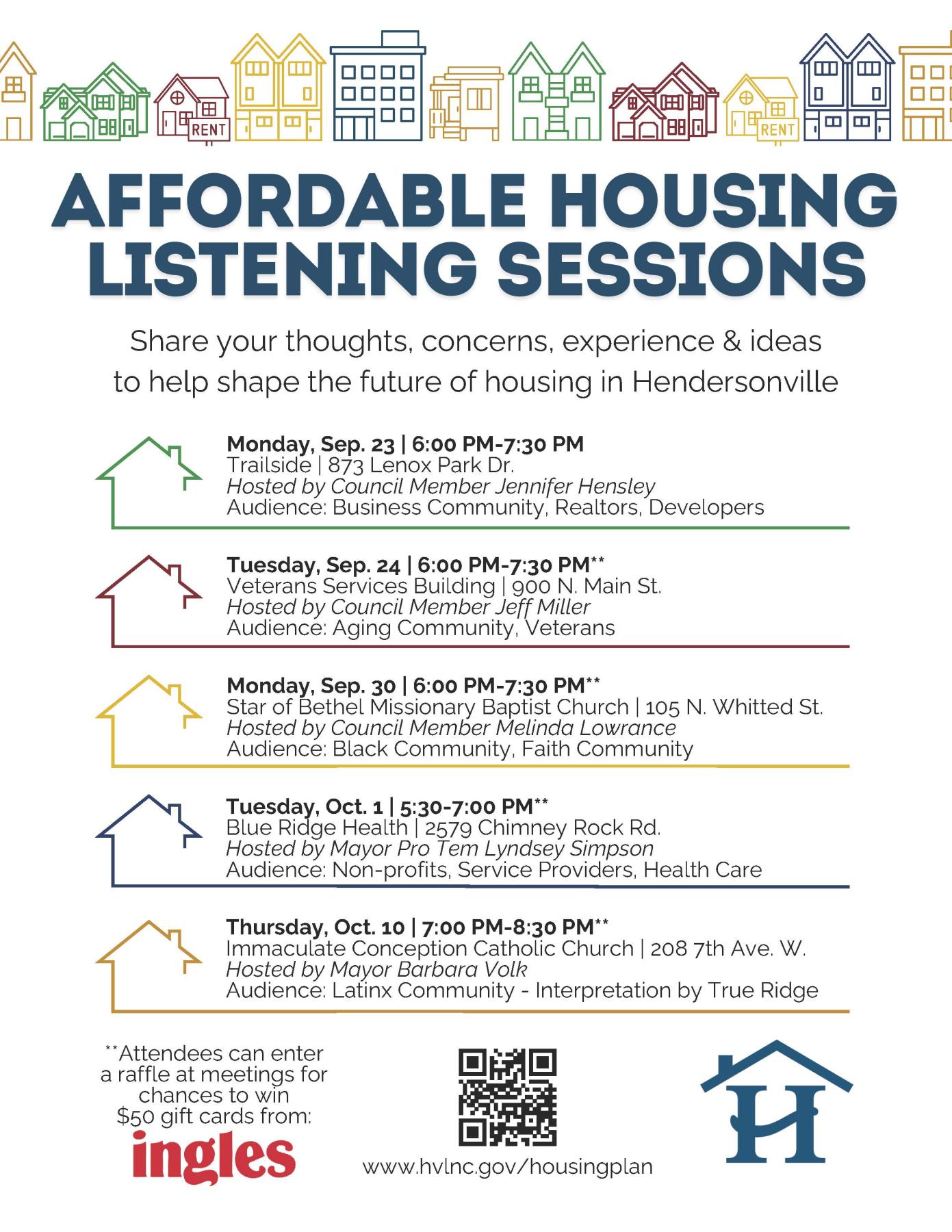 colorful row of houses and house logos listed beside meeting dates