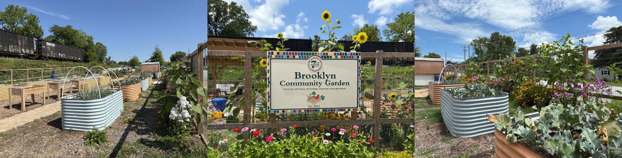 Brooklyn Community Garden with main sign and garden beds in background