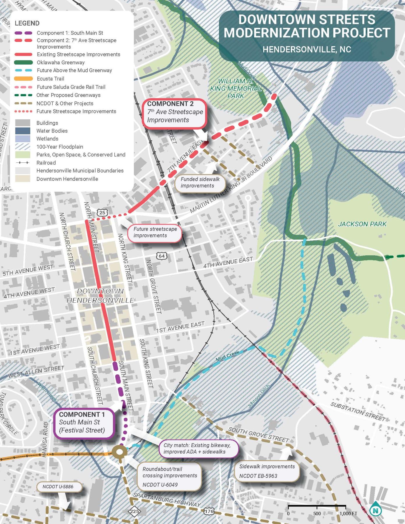 Build Grant project map showing festival street on south main and streetscape improvements on 7th avenue