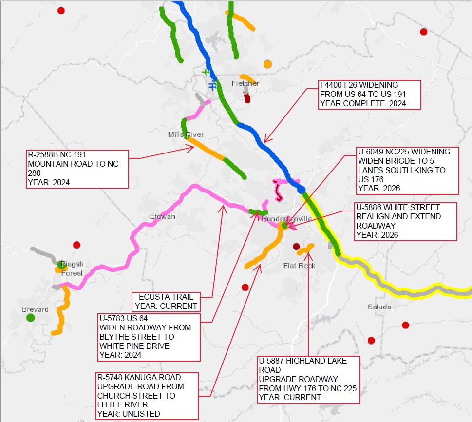 NCDOT map of Henderson County showing planned roadway projects