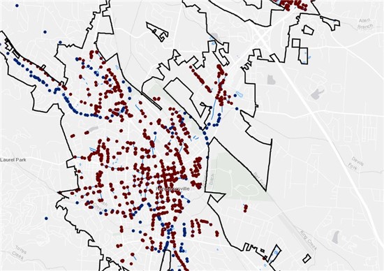 Stormwater map. Blue and red dots
